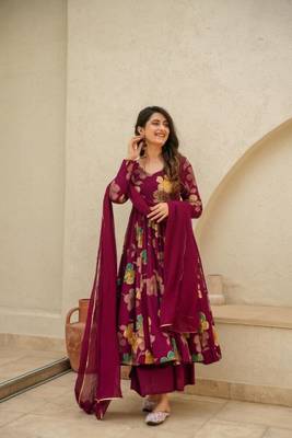 Maroon Printed Rayon Anarkali Kurta Palazzo Set 5