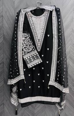 Black embroidered faux georgette semi stitched salwar suit 3