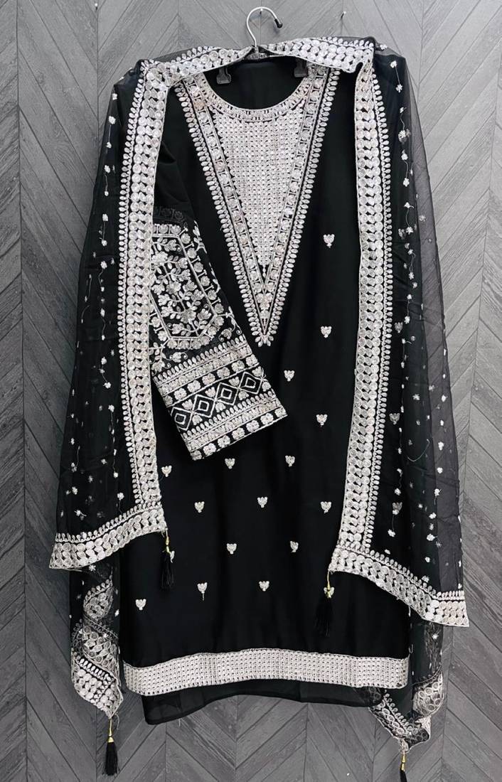 Black embroidered faux georgette semi stitched salwar suit