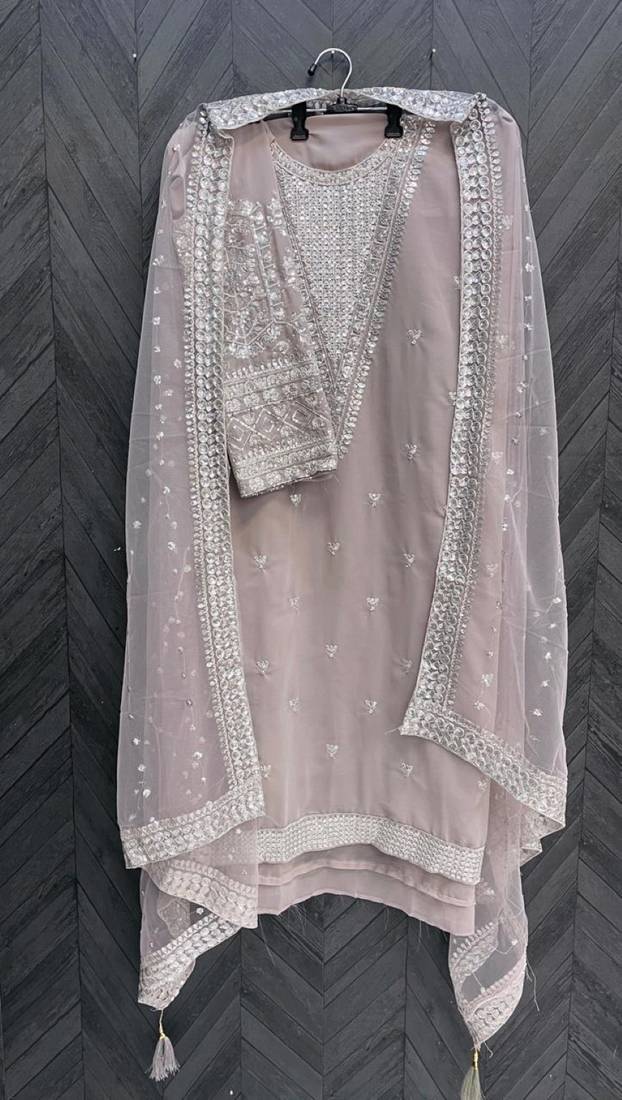 Grey embroidered faux georgette semi stitched salwar suit