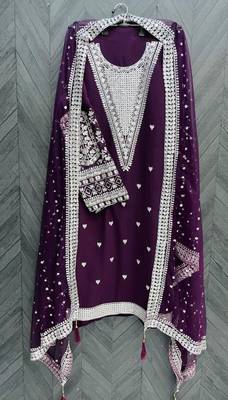 Wine embroidered faux georgette semi stitched salwar suit 3
