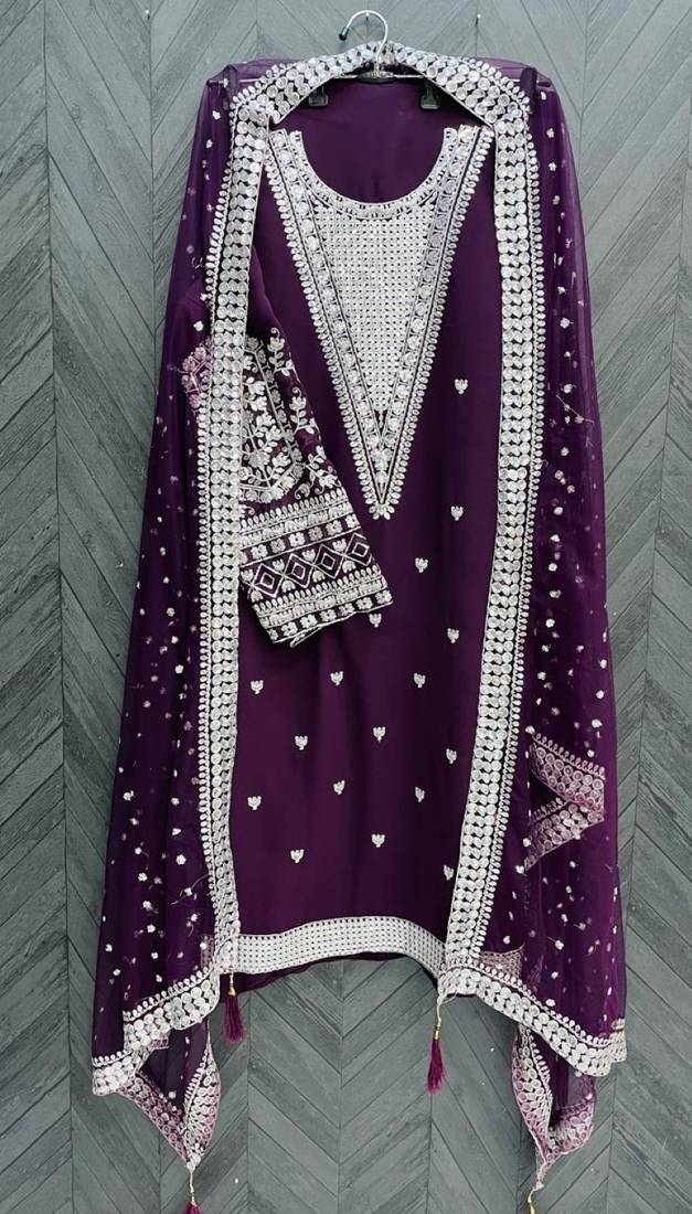 Wine embroidered faux georgette semi stitched salwar suit