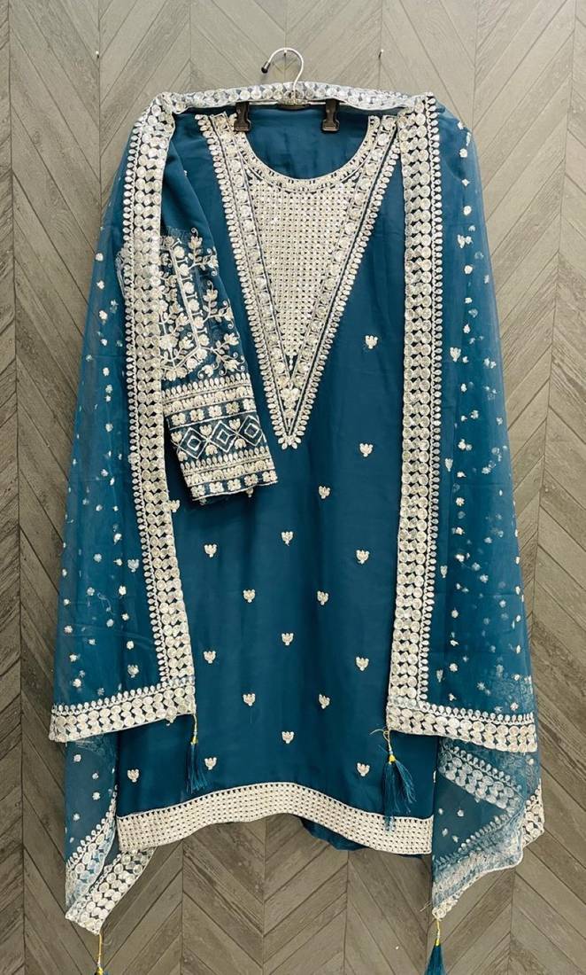 Teal embroidered faux georgette semi stitched salwar suit