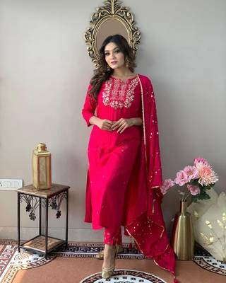 Sequence Embroidered Work Slub Rayon Fabric Straight Kurta, Pant and Dupatta Set 1