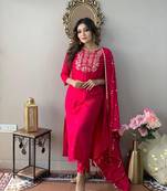 Sequence Embroidered Work Slub Rayon Fabric Straight Kurta, Pant and Dupatta Set