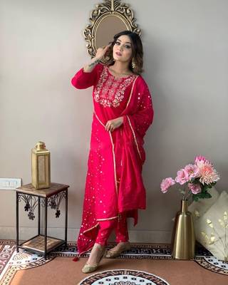 Sequence Embroidered Work Slub Rayon Fabric Straight Kurta, Pant and Dupatta Set 2