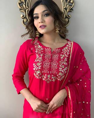 Sequence Embroidered Work Slub Rayon Fabric Straight Kurta, Pant and Dupatta Set 3
