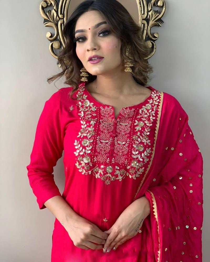 Sequence Embroidered Work Slub Rayon Fabric Straight Kurta, Pant and Dupatta Set