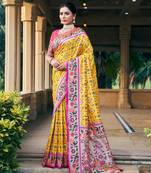 yellow colour soft silk paithani saree with patola style weaving design