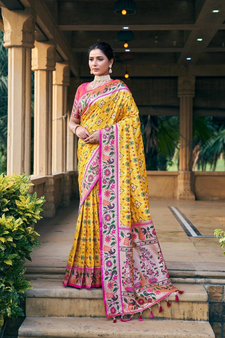 yellow colour soft silk paithani saree with patola style weaving design