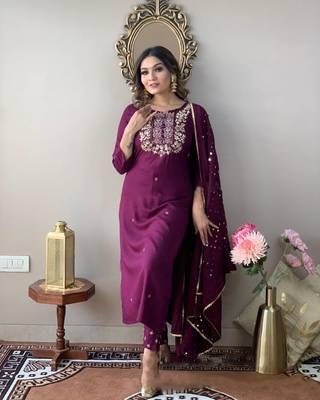 Sequence Embroidered Work Slub Rayon Fabric Straight Kurta, Pant and Dupatta Set 1