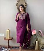 Sequence Embroidered Work Slub Rayon Fabric Straight Kurta, Pant and Dupatta Set