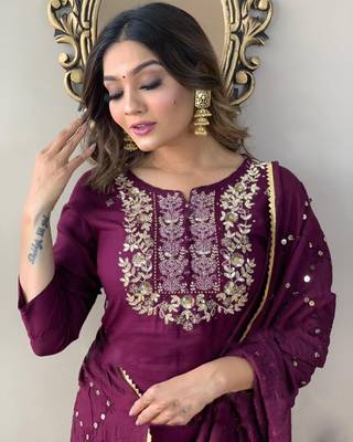 Sequence Embroidered Work Slub Rayon Fabric Straight Kurta, Pant and Dupatta Set 2
