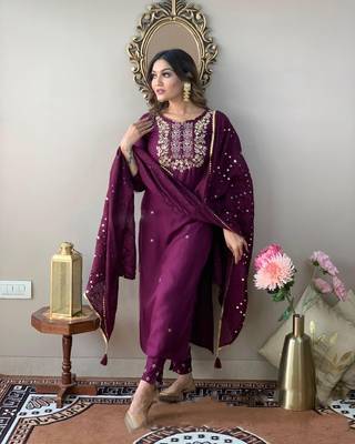 Sequence Embroidered Work Slub Rayon Fabric Straight Kurta, Pant and Dupatta Set 3