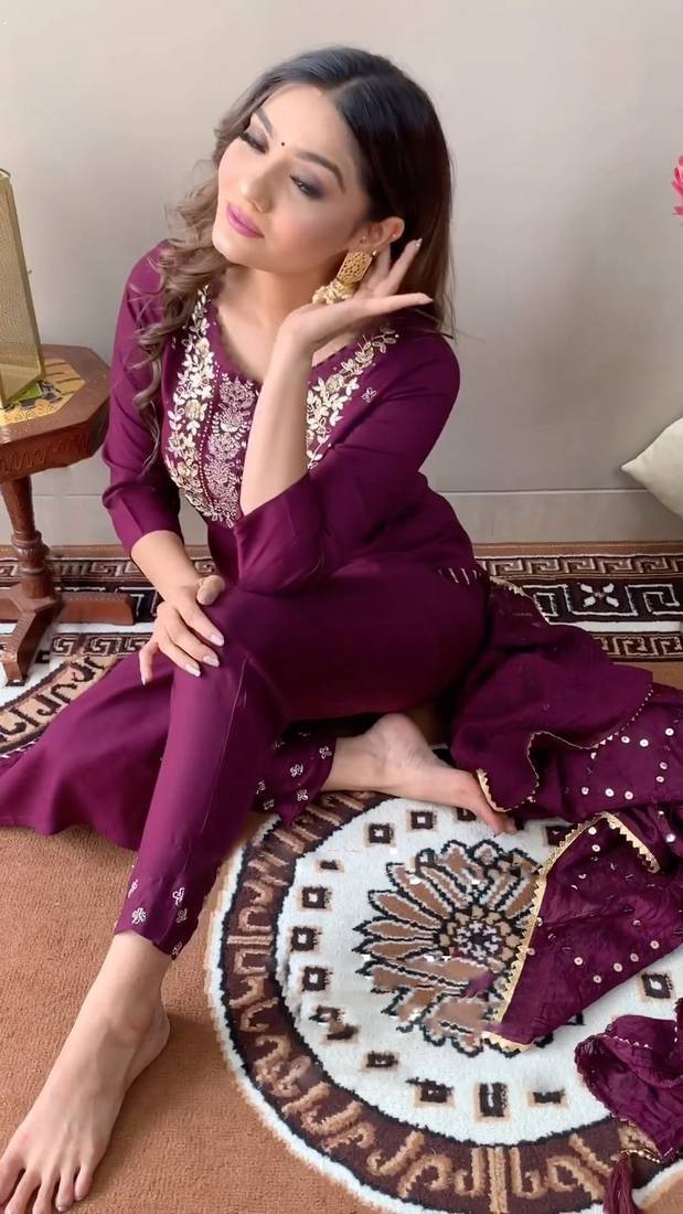 Sequence Embroidered Work Slub Rayon Fabric Straight Kurta, Pant and Dupatta Set