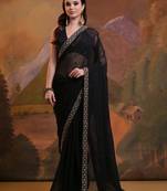 Black buti embroidery sequence work georgette bollywood saree with blouse piece for women