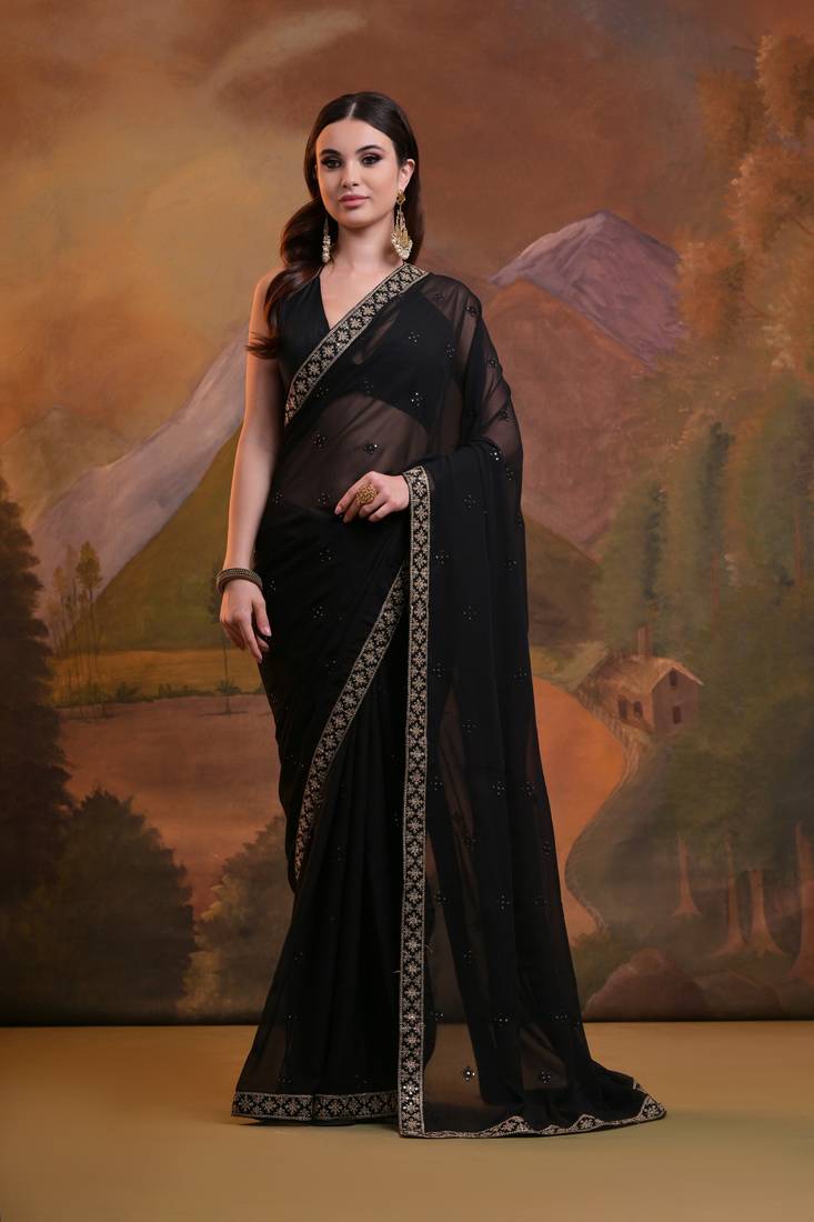 Black buti embroidery sequence work georgette bollywood saree with blouse piece for women