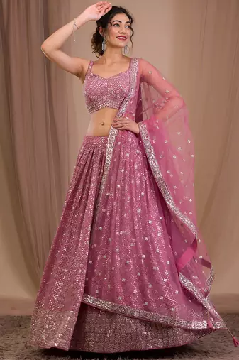 pink sequins georgette lehenga set choli with dupatta