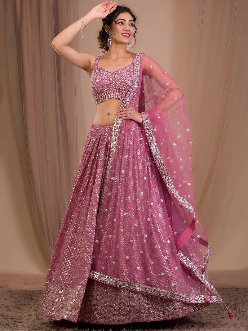 pink sequins georgette lehenga set choli with dupatta