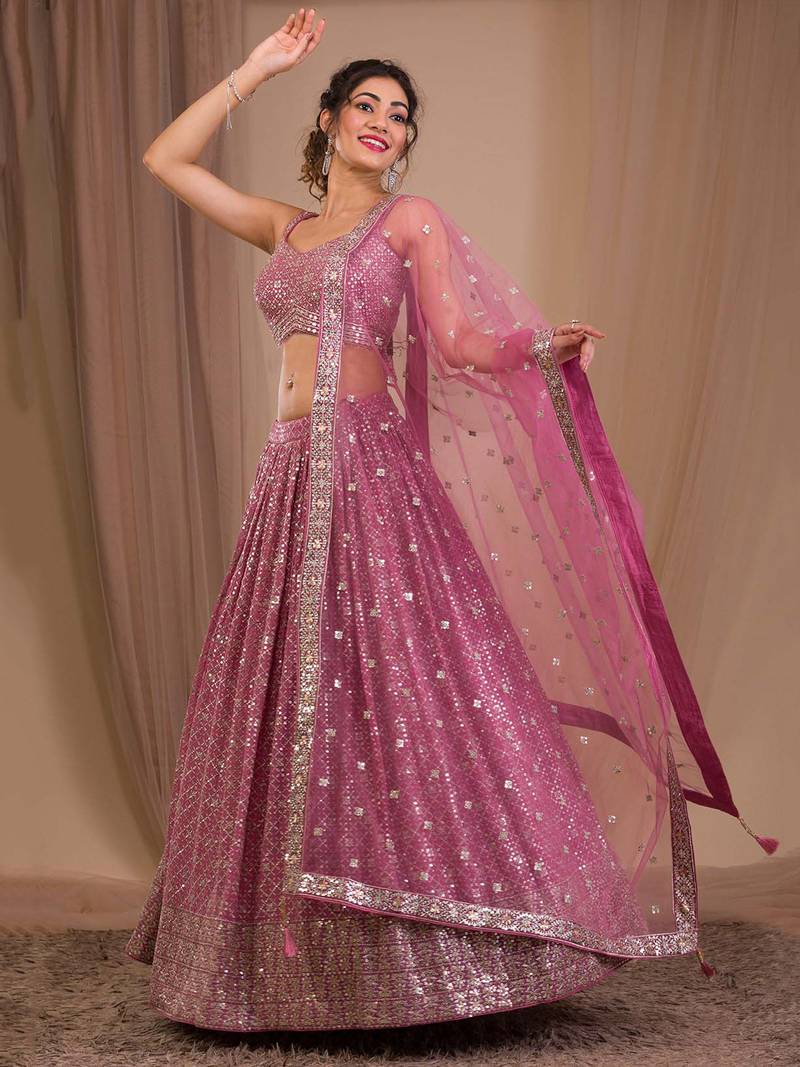 Alluring Pink Sequins Georgette Engagement Wear Lehenga Choli