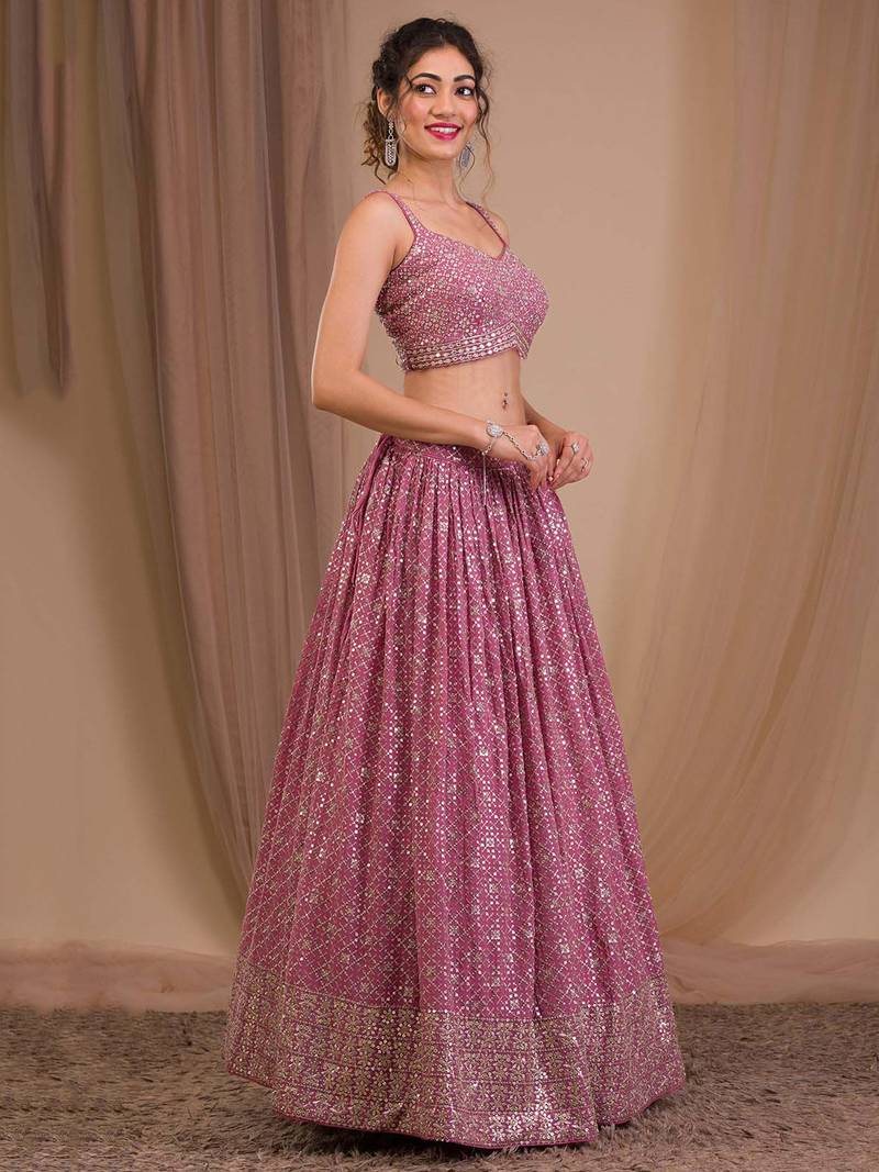 Alluring Pink Sequins Georgette Engagement Wear Lehenga Choli