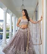 Brown Heavy Embroidery Net Semi Stitch A Line Lehenga With Blouse
