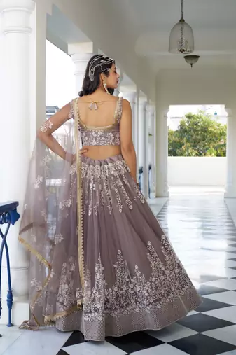 Brown Heavy Embroidery Net Semi Stitch A Line Lehenga With Blouse