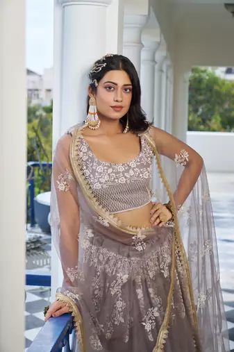 Brown Heavy Embroidery Net Semi Stitch A Line Lehenga With Blouse