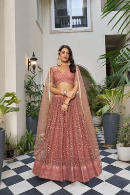 Rust Heavy Embroidery Net Semi Stitch A Line Lehenga With Blouse 1