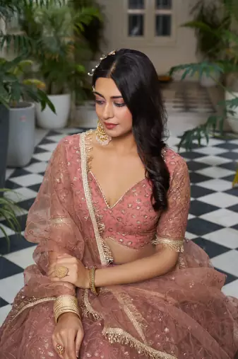 Rust Heavy Embroidery Net Semi Stitch A Line Lehenga With Blouse
