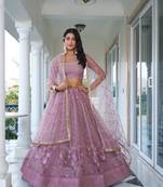Lavender Heavy Embroidery Net Semi Stitch A Line Lehenga With Blouse