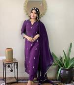 Embroidered Work Slub Rayon Fabric Straight Kurta, Pant and Dupatta Set