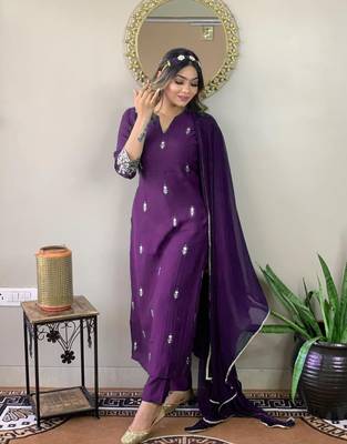Embroidered Work Slub Rayon Fabric Straight Kurta, Pant and Dupatta Set 2