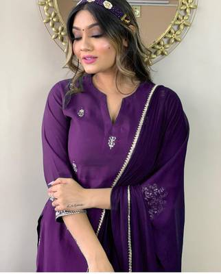 Embroidered Work Slub Rayon Fabric Straight Kurta, Pant and Dupatta Set 3