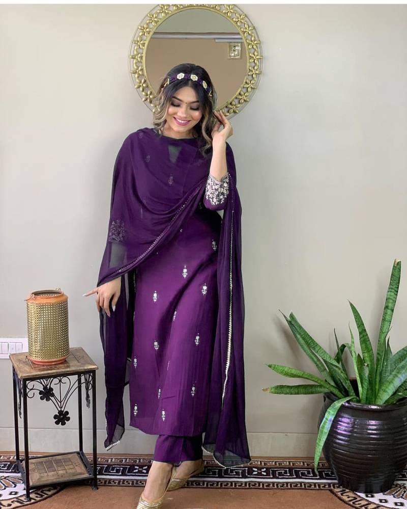 Embroidered Work Slub Rayon Fabric Straight Kurta, Pant and Dupatta Set