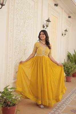 Yellow Georgette Silver Aari Work Embroidery Long Kurta 3