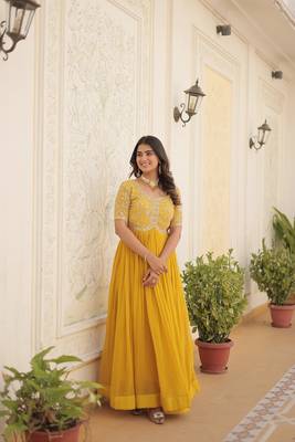 Yellow Georgette Silver Aari Work Embroidery Long Kurta 4
