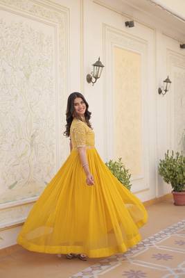 Yellow Georgette Silver Aari Work Embroidery Long Kurta 6