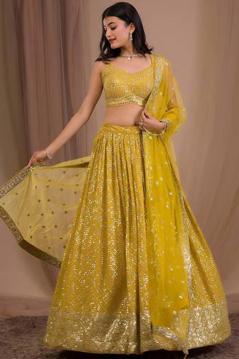 yellow sequins georgette lehenga set choli with dupatta with dupatta