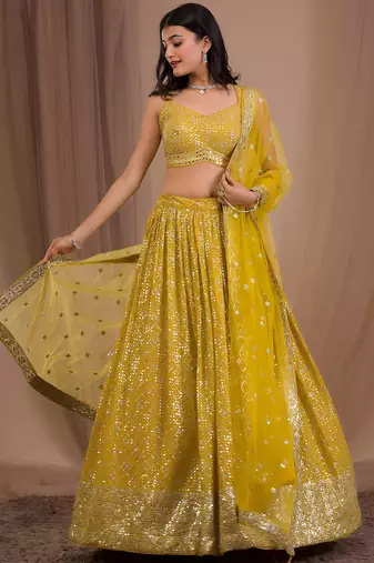 yellow sequins georgette lehenga set choli with dupatta with dupatta