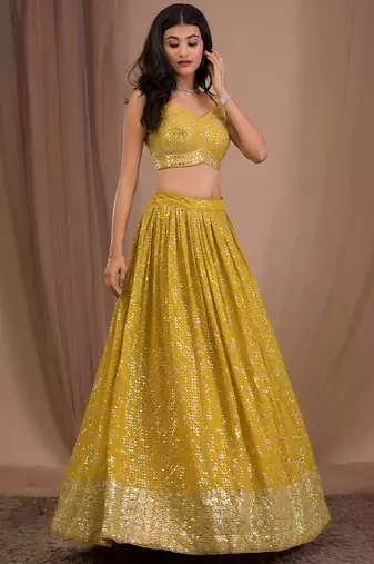 yellow sequins georgette lehenga set choli with dupatta with dupatta