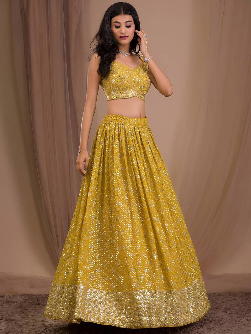 yellow sequins georgette lehenga set choli with dupatta with dupatta