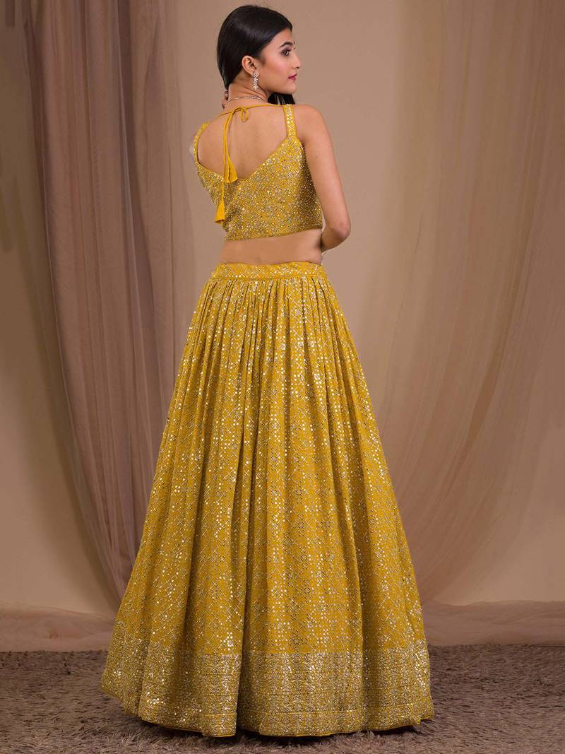Beautiful Yellow Sequins Georgette Lehenga Choli With Dupatta