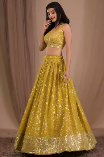 yellow sequins georgette lehenga set choli with dupatta with dupatta