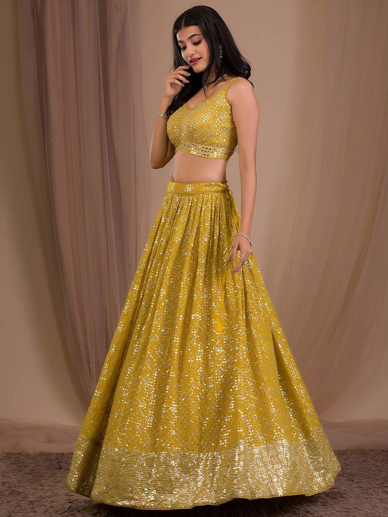 yellow sequins georgette lehenga set choli with dupatta with dupatta