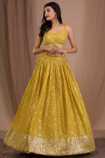 yellow sequins georgette lehenga set choli with dupatta with dupatta