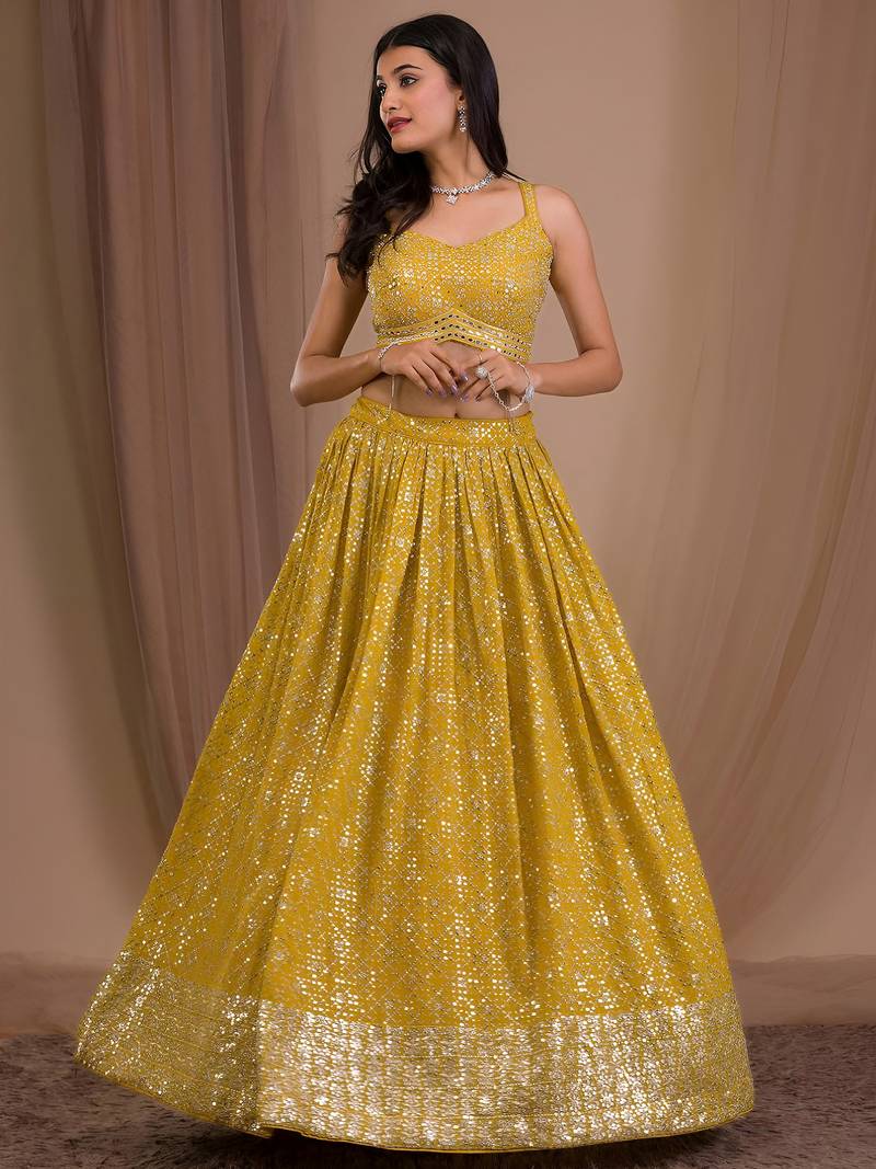yellow sequins georgette lehenga set choli with dupatta with dupatta