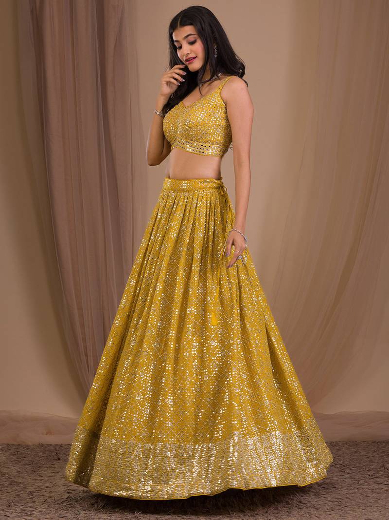 Beautiful Yellow Sequins Georgette Lehenga Choli With Dupatta
