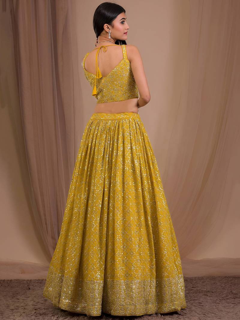 yellow sequins georgette lehenga set choli with dupatta with dupatta