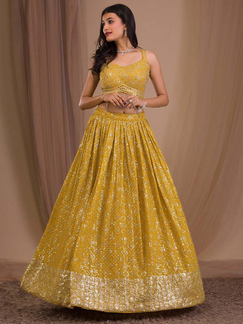 Beautiful Yellow Sequins Georgette Lehenga Choli With Dupatta